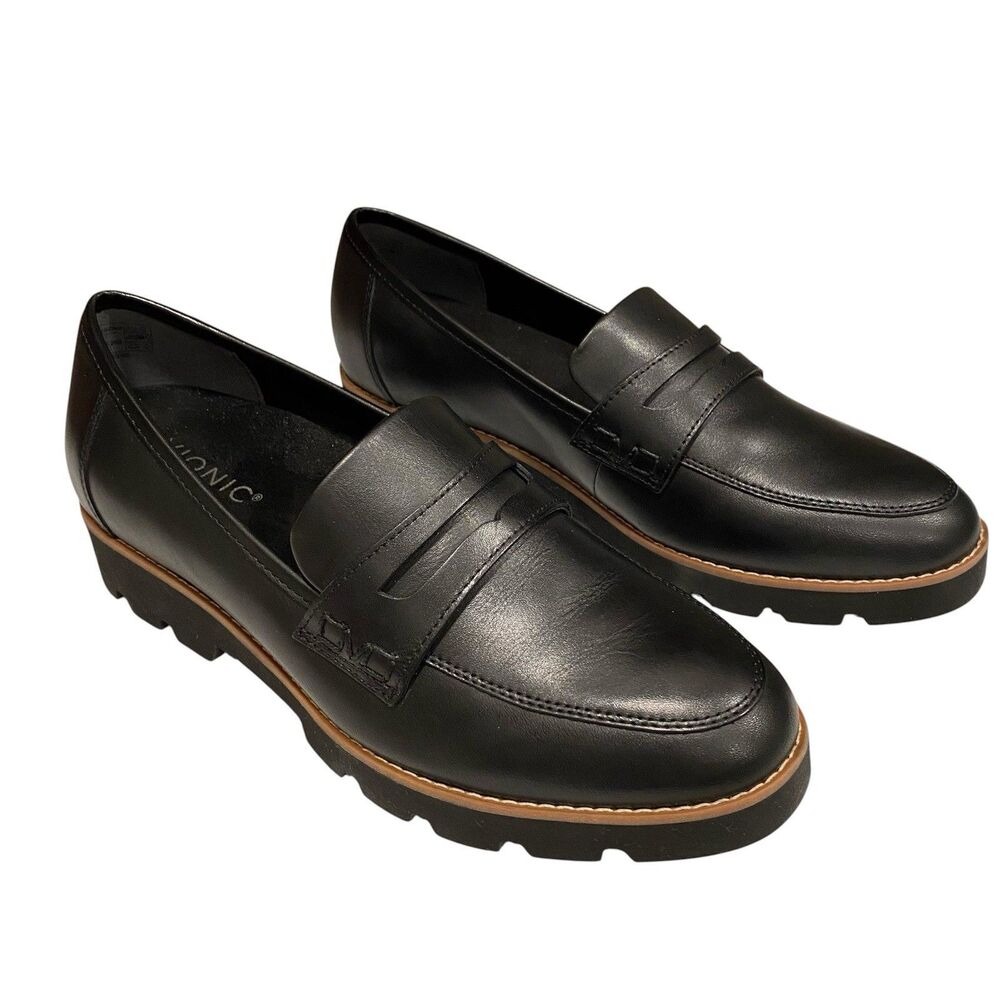 Vionic Cheryl II Lug Penny Loafers Womens 8.5 Black Leather Chunky Sole Shoes - Picture 3 of 7